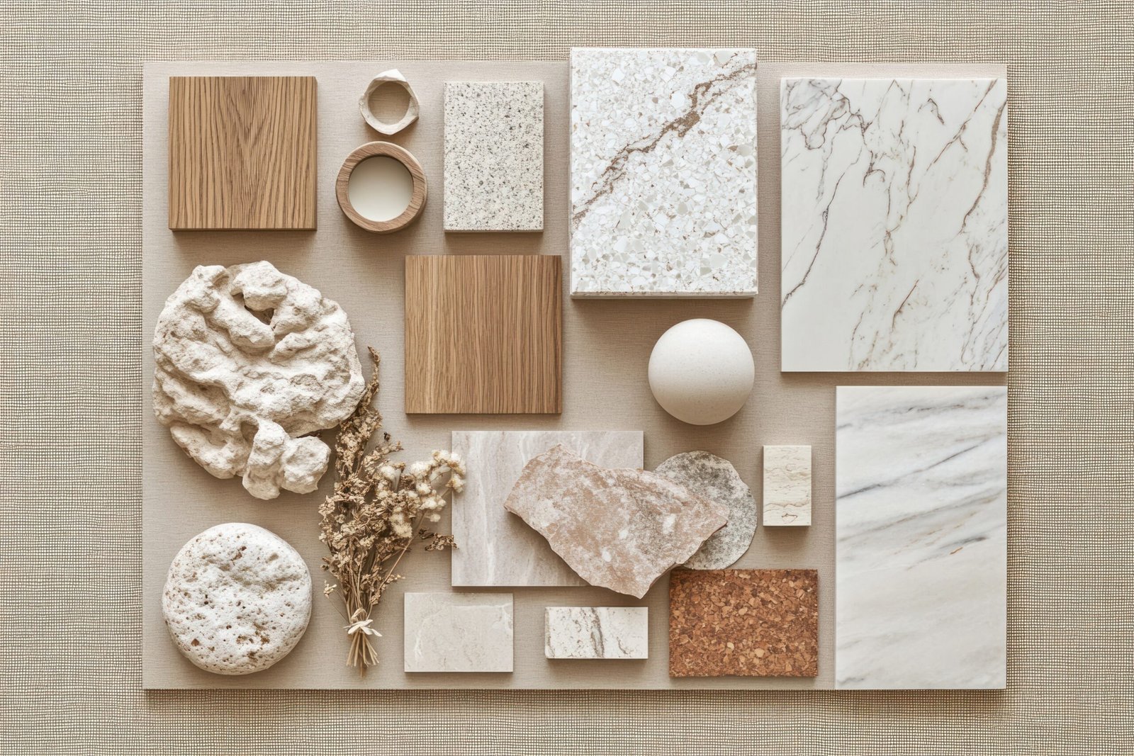 A material board showing an interior design moodboard neutral samples marble.