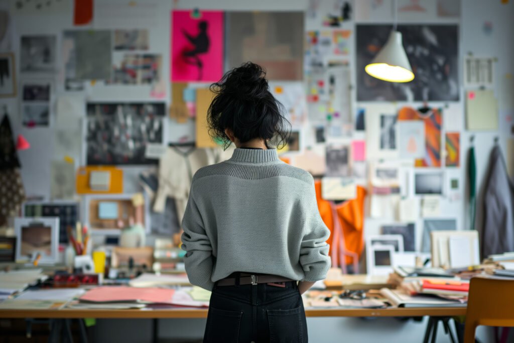 Creative Professional in Design Studio. Designer brainstorming in a busy workspace.